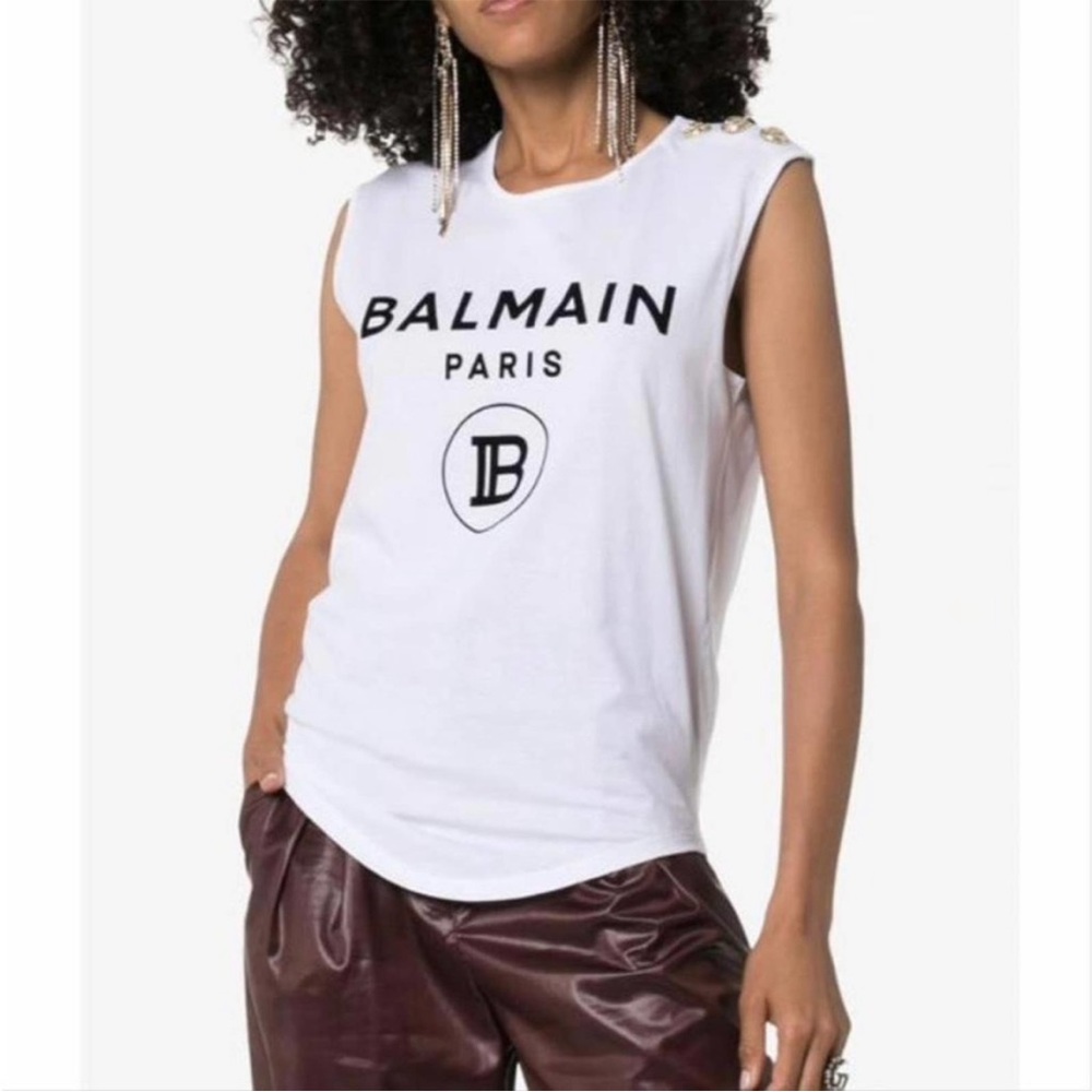 NWT!! BALMAIN logo flocked button embellished top, Sz 38 (French) Small